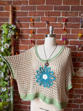 Blue/Green Festival Flower Crochet Overlay Top 🌼