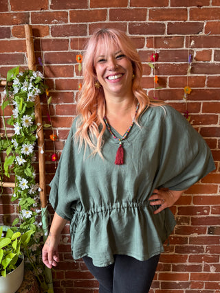 Nomad Linen Drawstring Waist Top -Moss- Made in Italy