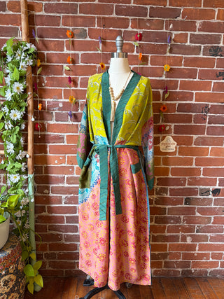 Summer Dreams 100% Sari Silk Robe Kimono w/ Pockets + Belt - Fair Trade Made