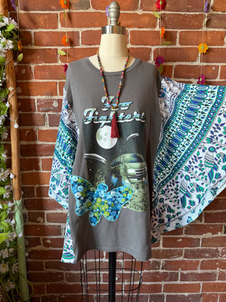 OOAK Summer Collection- Upcycled Foo Fighters Inspired Vintage Butterfly Patch Tapestry Poncho Tee