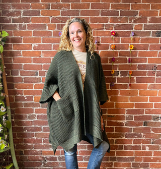 Moss Green Chunky Knit Soft Poncho With Pockets