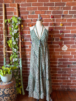 Size Small-Medium Meadow Mosaic 100% Cotton Halter Dress - Fair Trade Made