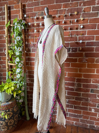 100% Cotton Cream Woven Fringe Kimono Robe