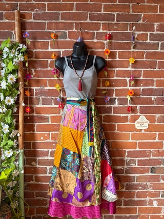 Reversible Upcycled Sari Silky Patchwork Wrap Skirt - Fair Trade Made