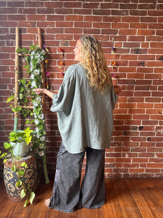 100% Linen Afternoon Stroll Flow Blouse - Olive