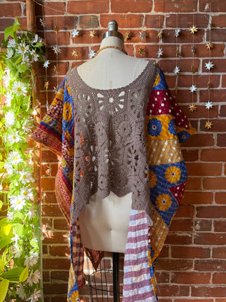 Upcycled Crochet Hi Lo Kantha Poncho Top
