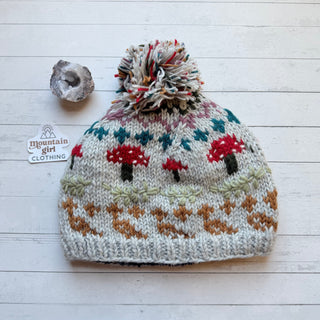 Magic Mushroom Embroidered Wool Pom Pom Beanie Hat-Final Sale