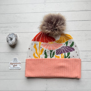 Retro Boho Floral /Mushroom Print Beanie Hat/ - Small Business Made-Final Sale