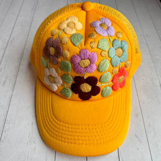 Hand Embroidered Trucker Flower Hat - Golden Yellow