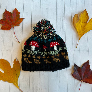 Magic Mushroom Embroidered Wool Pom Pom Beanie Hat -Black