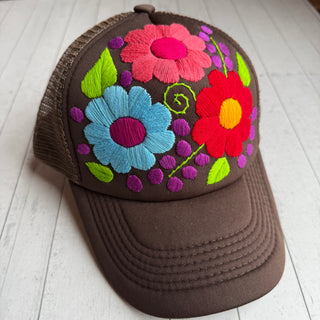 Hand Embroidered Trucker Flower Hat - Brown