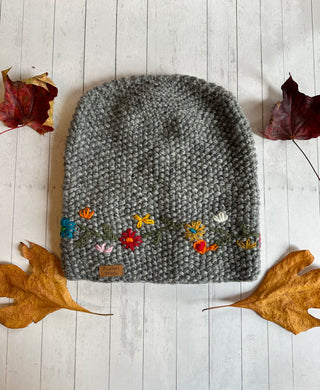 Stone Gray Floral Embroidered Wool Beanie Hat