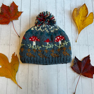 Magic Mushroom Embroidered Wool Pom Pom Beanie Hat