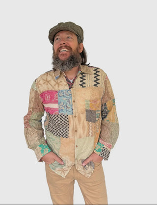 Festival Season Mens 100% Cotton Patchwork Long Sleeve Button Up Shirt -Fair Trade Made