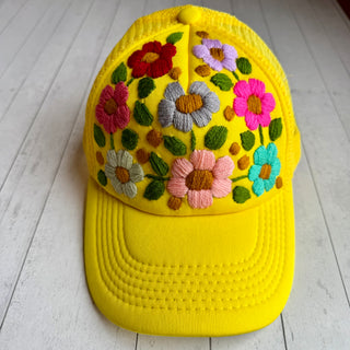 Hand Embroidered Trucker Flower Hat - Yellow
