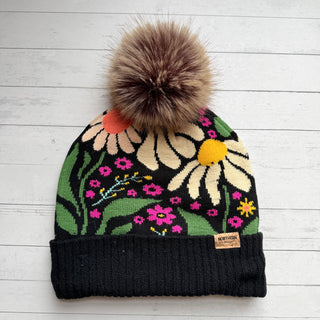 Retro Boho Floral + Mushroom Print Beanie Hat - Small Business Made