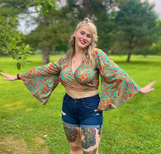 Plus Nova Upcycled Sari Cropped Wrap Top- 100% Silk- Fair Trade Made