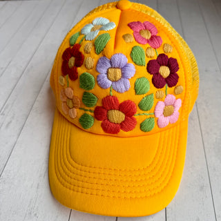 Hand Embroidered Trucker Flower Hat - Golden Yellow