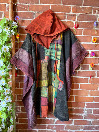 Juniper Patchwork Poncho Hoodie- Charcoal / Earth Tones