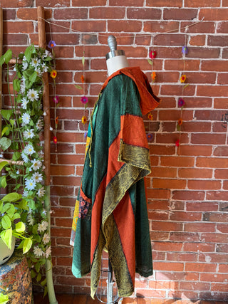 Juniper Patchwork Poncho Hoodie - Green Brown/Earth Tones