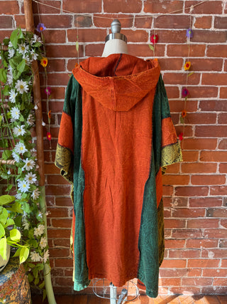 Juniper Patchwork Poncho Hoodie - Green Brown/Earth Tones