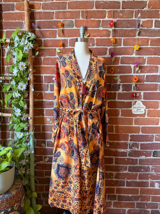Orange Tie Dye Mandala Long Tapestry Robe Kimono w/ Pockets + Belt - Fair Trade Made