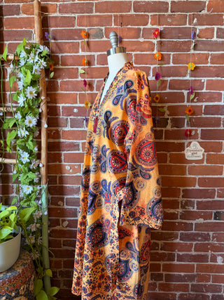 Orange Tie Dye Mandala Long Tapestry Robe Kimono w/ Pockets + Belt - Fair Trade Made
