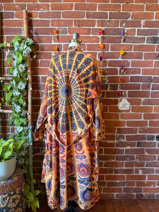 Orange Tie Dye Mandala Long Tapestry Robe Kimono w/ Pockets + Belt - Fair Trade Made