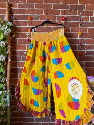 Coffee In The Morning Kantha Ruffle Wide Leg Lounge Pants - Fits up to 2X - Fair Trade Made