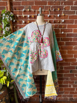 OOAK Winter Collection- Upcycled Flower Patchwork Kantha Hi Lo Poncho Top 🌼
