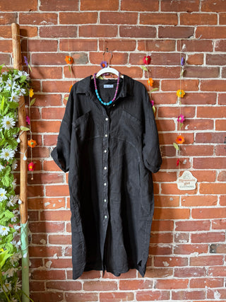 Nomad Linen Button Up Long Tunic / Dress Layer with Pockets- Made in Italy