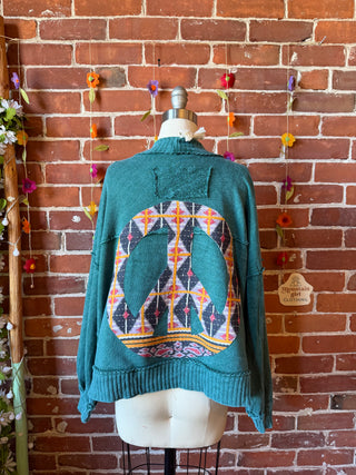 OOAK Summer Collection - Upcycled Peace Sign Patch Patchwork Cardigan Sweater ☮️