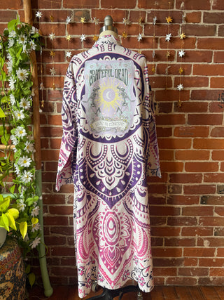 Grateful Dead Inspired Upcycled Purple Pink Mandala Long Tapestry Robe Kimono with Pockets and Belt