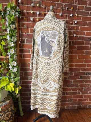 Fleetwood Mac Inspired Upcycled Gold + White Mandala Long Tapestry Robe Kimono with Pockets and Belt