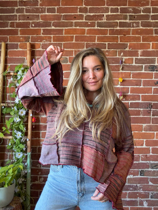 Moon Catcher Patchwork Knit Bell Sleeve Cropped Sweater - 100% Cotton - Fair Trade Made