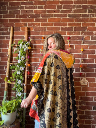 Mystery Print Autumn Sunset Patchwork Upcycled Kantha Hoodie Poncho Jacket- Fair Trade Made