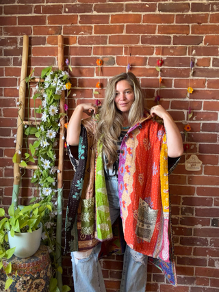 Mystery Print Autumn Sunset Patchwork Upcycled Kantha Hoodie Poncho Jacket- Fair Trade Made