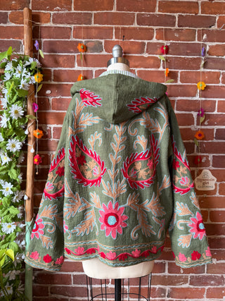 Harvest Bloom Suzani Embroidered Hooded Jacket - Fair Trade Made- Multiple Colors Available- 100% Cotton