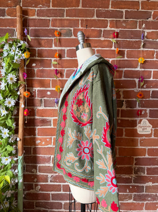 Harvest Bloom Suzani Embroidered Hooded Jacket - Fair Trade Made- Multiple Colors Available- 100% Cotton
