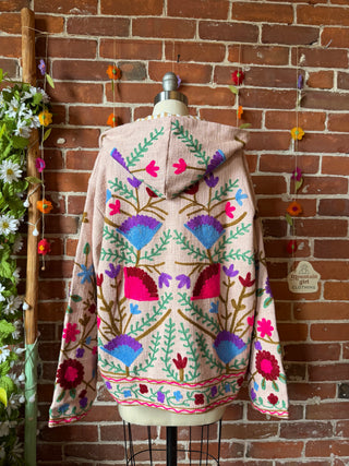 Harvest Bloom Suzani Embroidered Hooded Jacket - Fair Trade Made- Multiple Colors Available- 100% Cotton