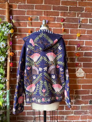 Harvest Bloom Suzani Embroidered Hooded Jacket - Fair Trade Made- Multiple Colors Available- 100% Cotton