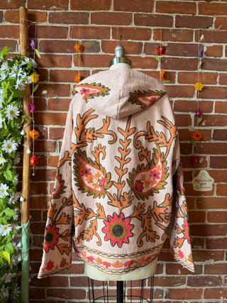 Harvest Bloom Suzani Embroidered Hooded Jacket - Fair Trade Made- Multiple Colors Available- 100% Cotton