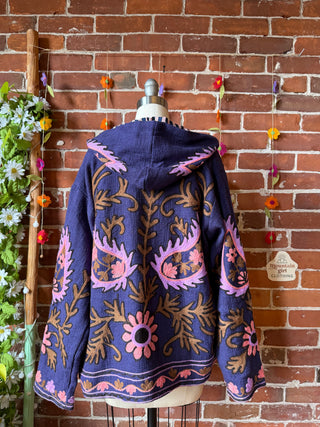 Harvest Bloom Suzani Embroidered Hooded Jacket - Fair Trade Made- Multiple Colors Available- 100% Cotton