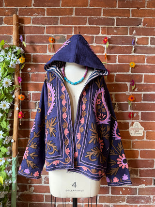 Harvest Bloom Suzani Embroidered Hooded Jacket - Fair Trade Made- Multiple Colors Available- 100% Cotton