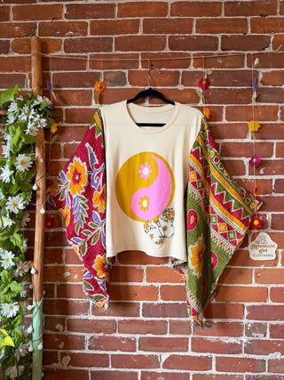 OOAK Autumn Collection- Upcycled Yin Yang Vintage Butterfly Patch Kantha Poncho Tee