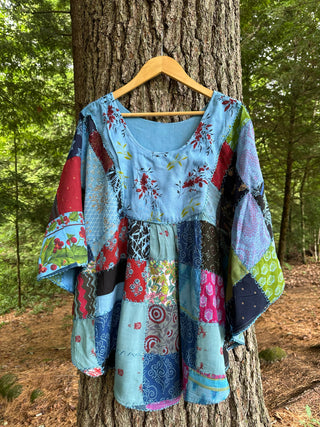 Althea Recycled Patchwork Festival Top - Blue Summer Garden