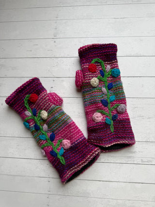 Floral Vine Fleece Lined Wool Handwarmers / Fingerless Gloves - Fair Trade Made