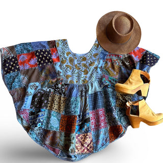 Althea Recycled Patchwork Festival Top - Blue /Golden Paisley