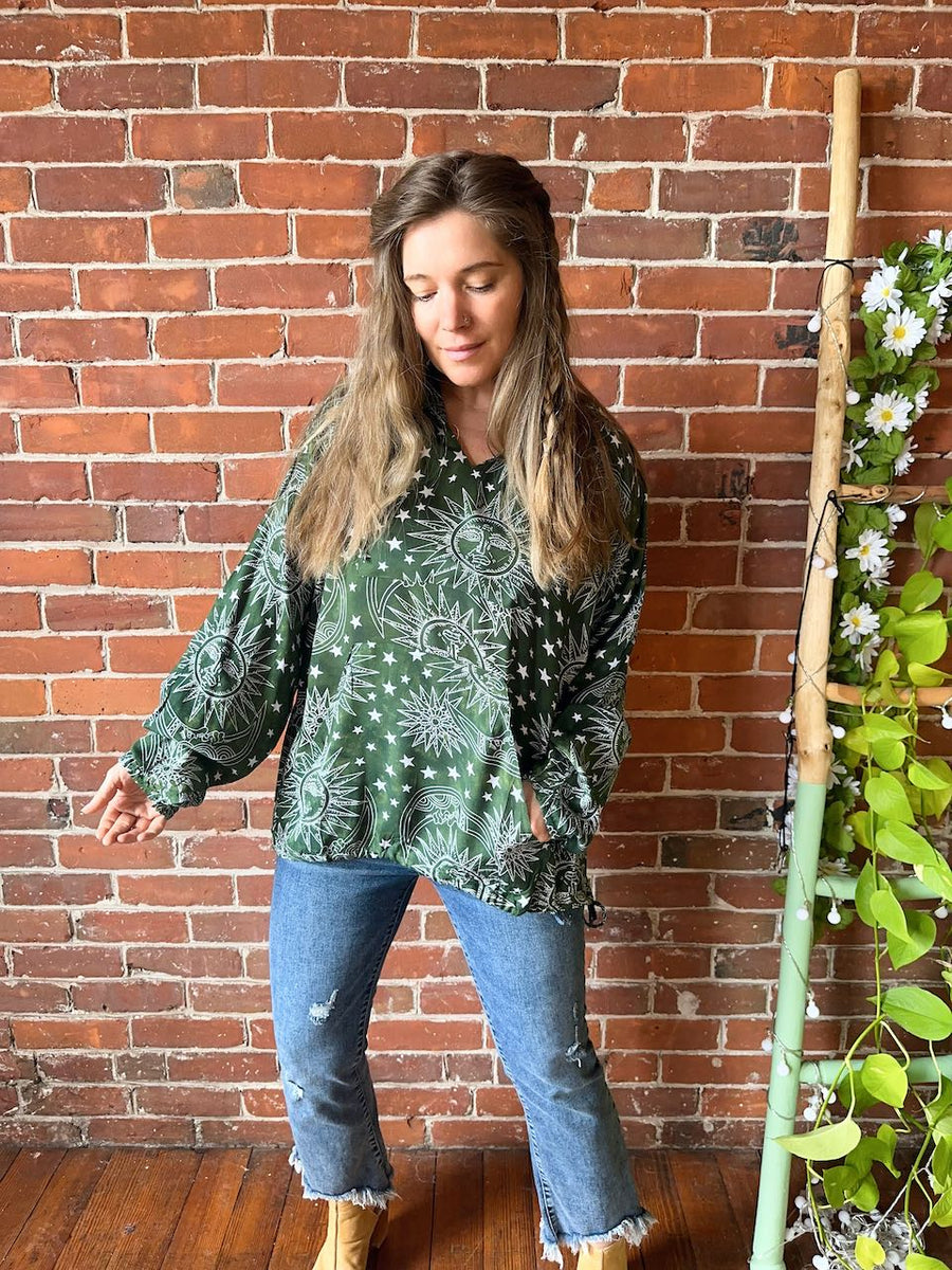 Free Size Earthy Green Sun, Moon + Stars Batik Flowy Pullover Hoodie