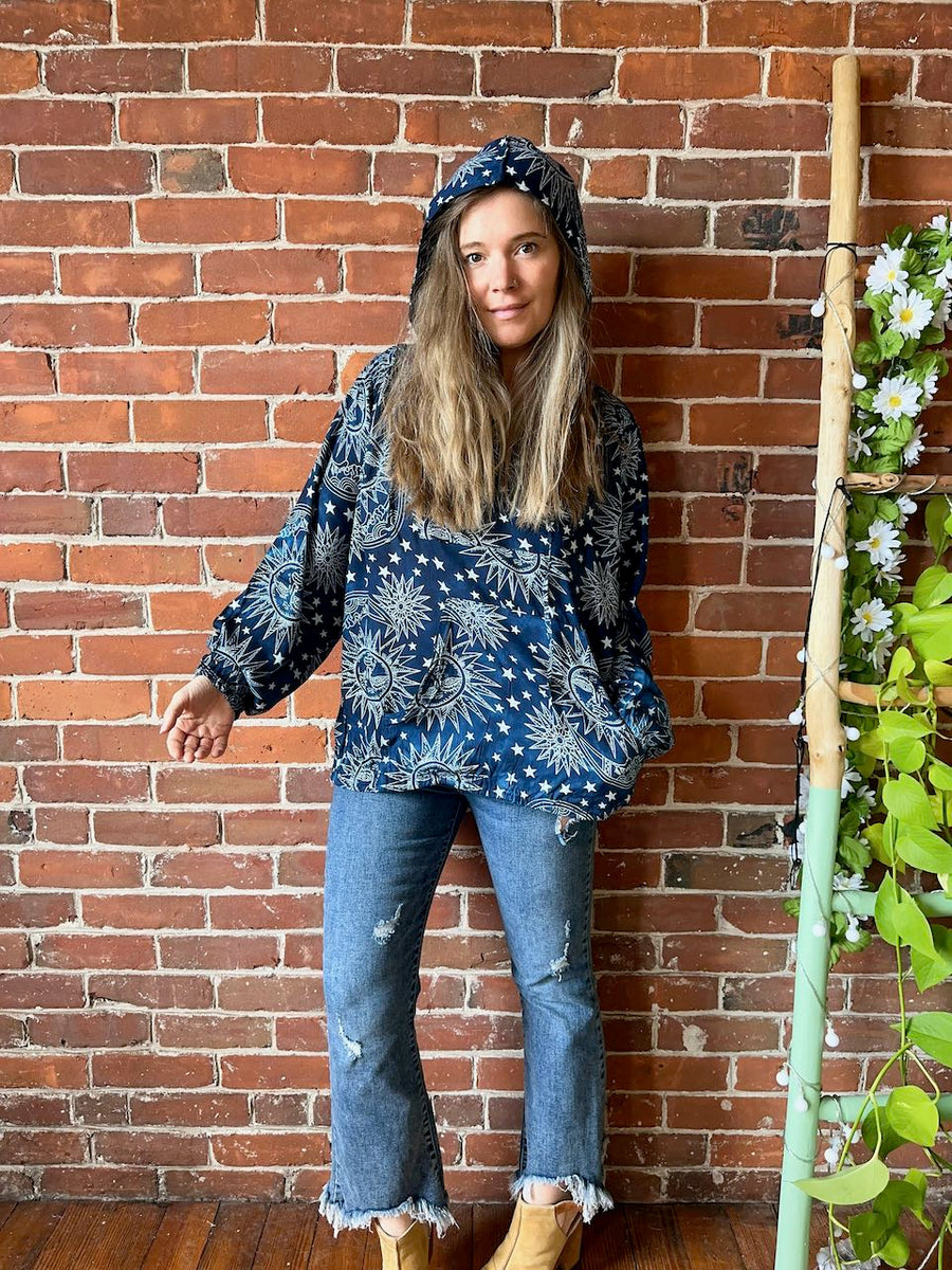 Free Size Indigo Blue Sun, Moon + Stars Batik Flowy Pullover Hoodie